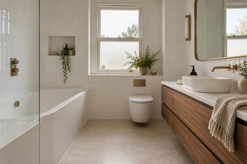 bathroom with white tiles and walnut vanity