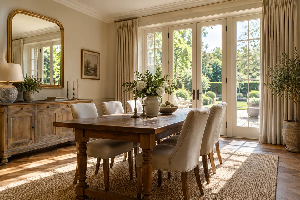 warm period dining room with garden doors