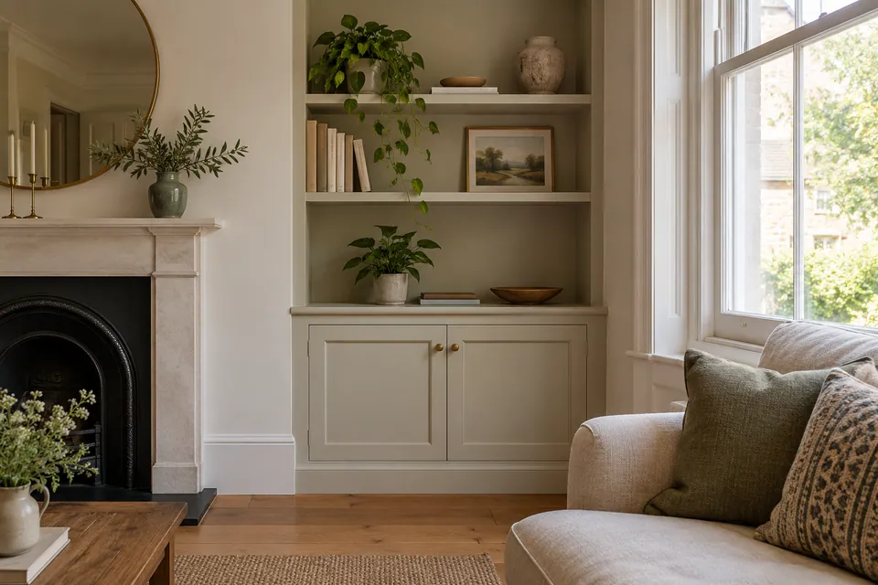 Painted alcove cupboards around a fireplace