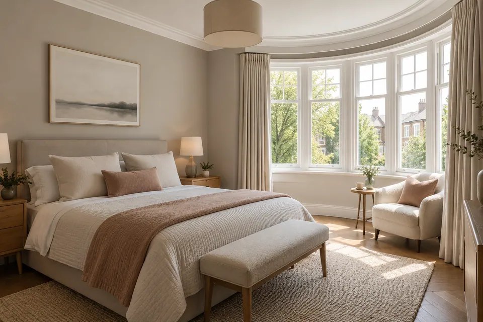 restored bedroom with curved bay