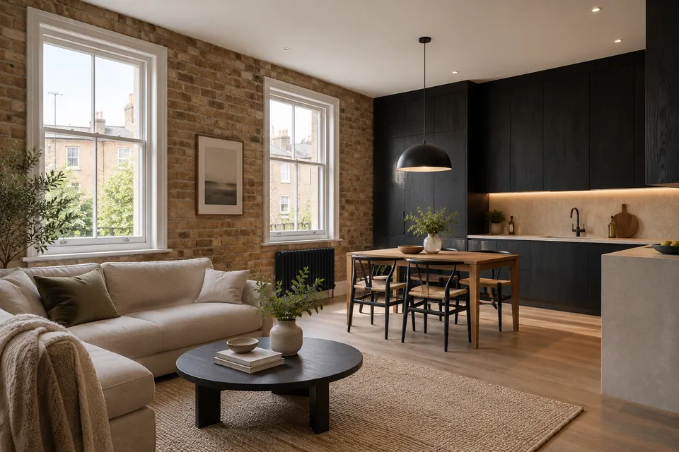 converted apartment with brick wall and black timber cabinets