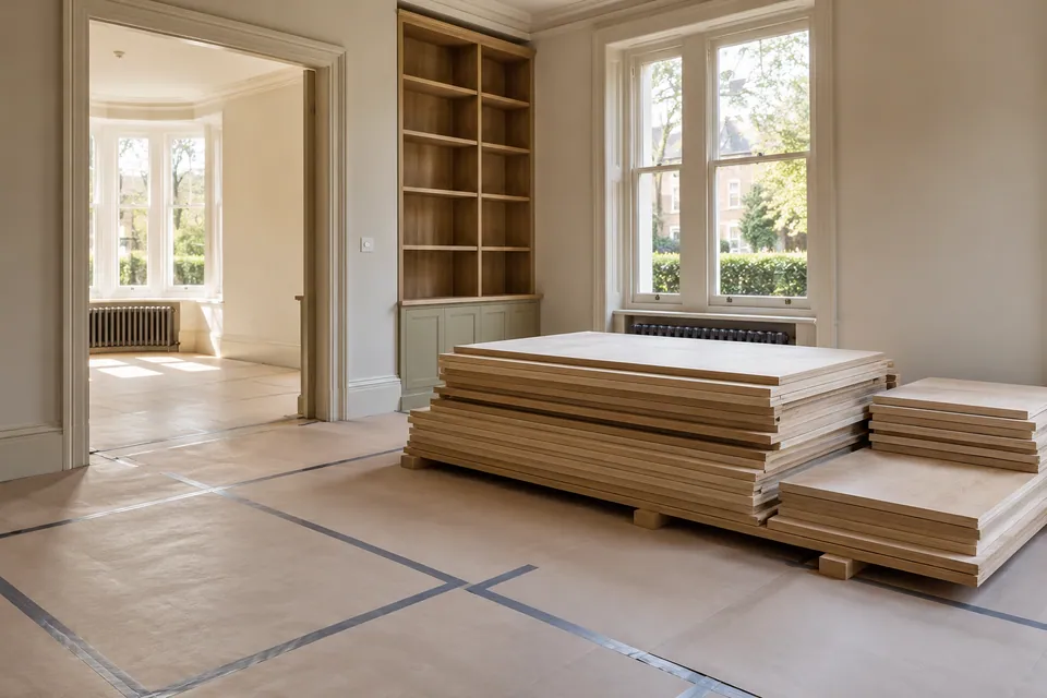 protected floor and neatly stacked joinery panels