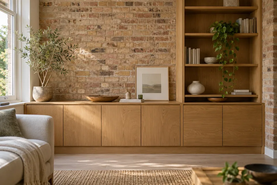 oak fitted storage against brick wall