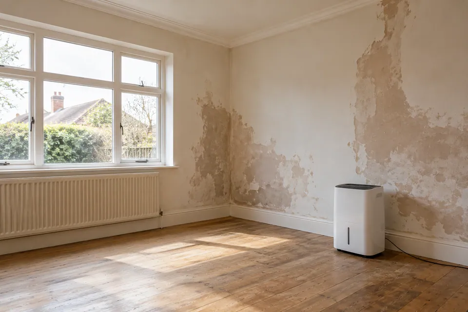 vacant room with dehumidifier and patchy plaster
