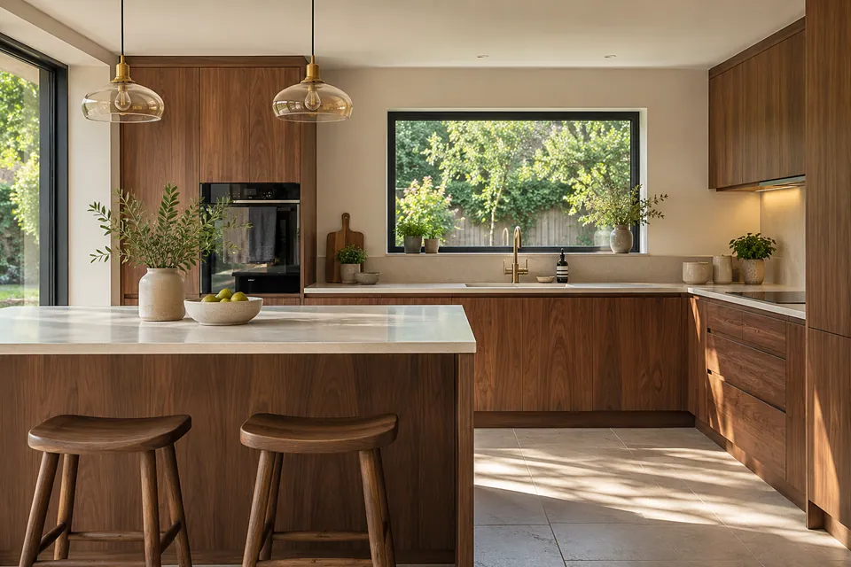 finished kitchen with warm walnut doors