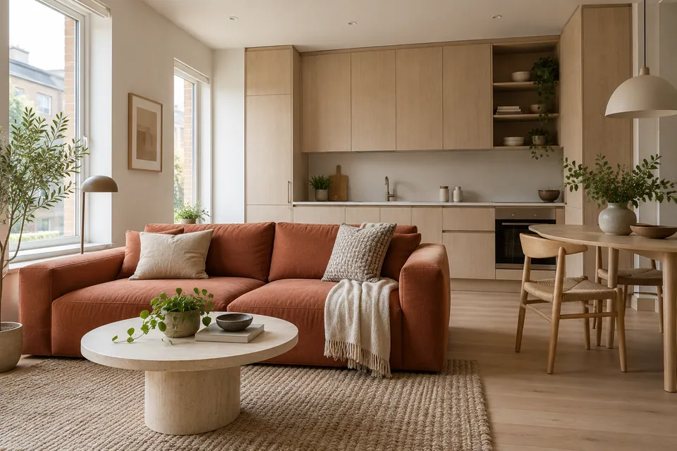 modern compact flat with pale ash joinery and terracotta sofa