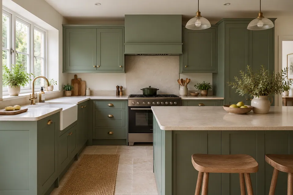 finished kitchen with muted green cupboards