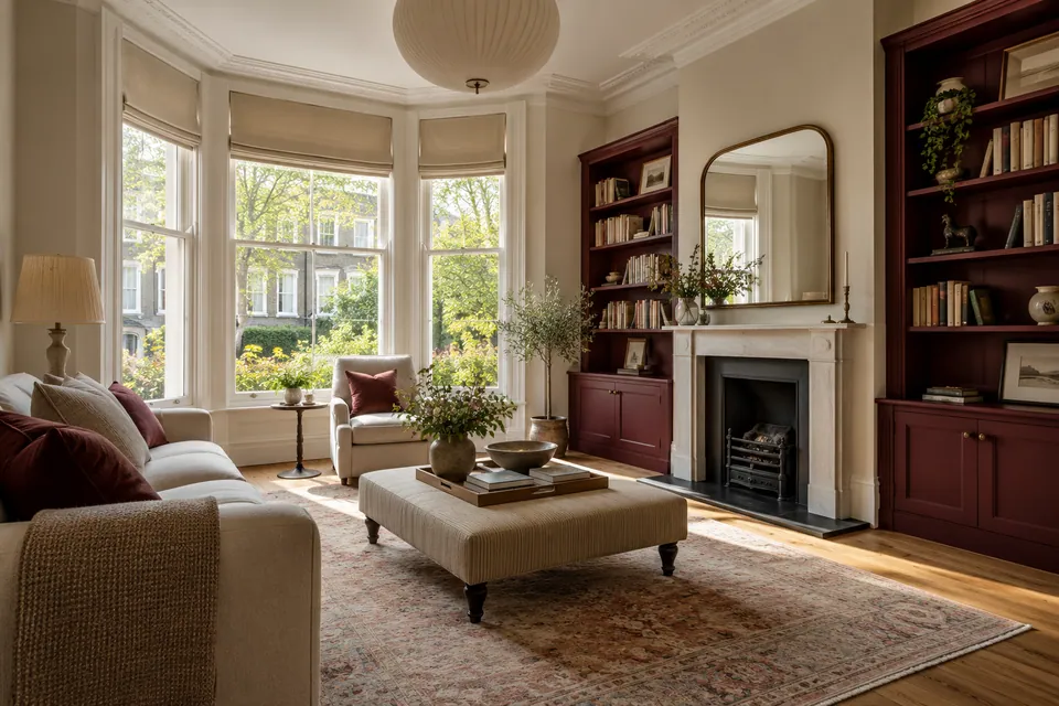 spacious sitting room with tall bay and burgundy bookcase
