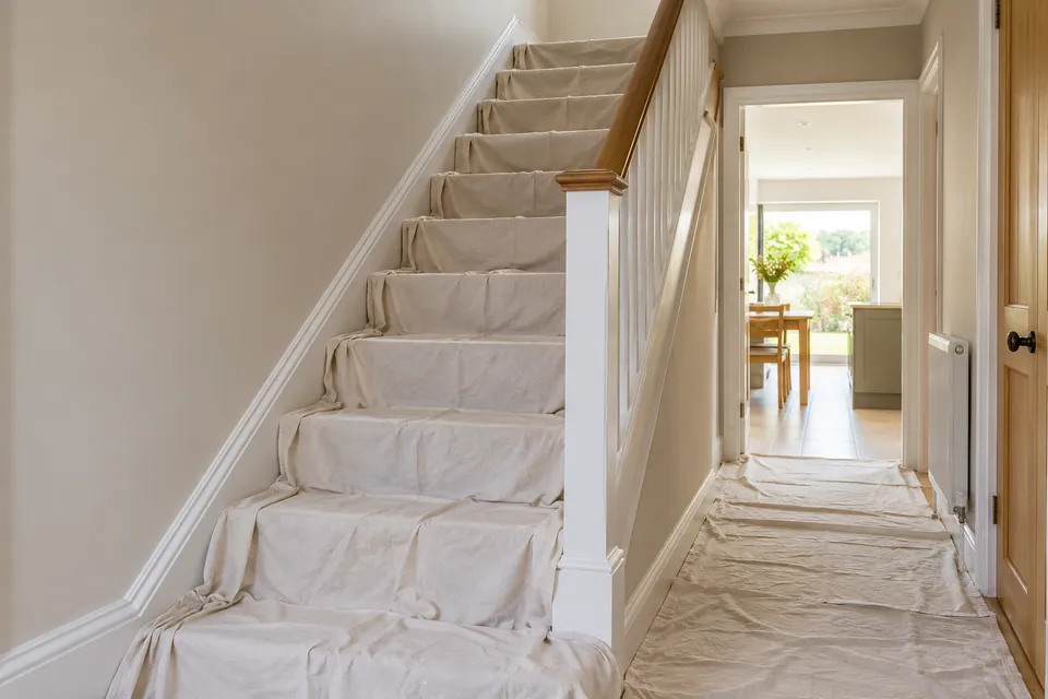covered family stairs during decorating preparation