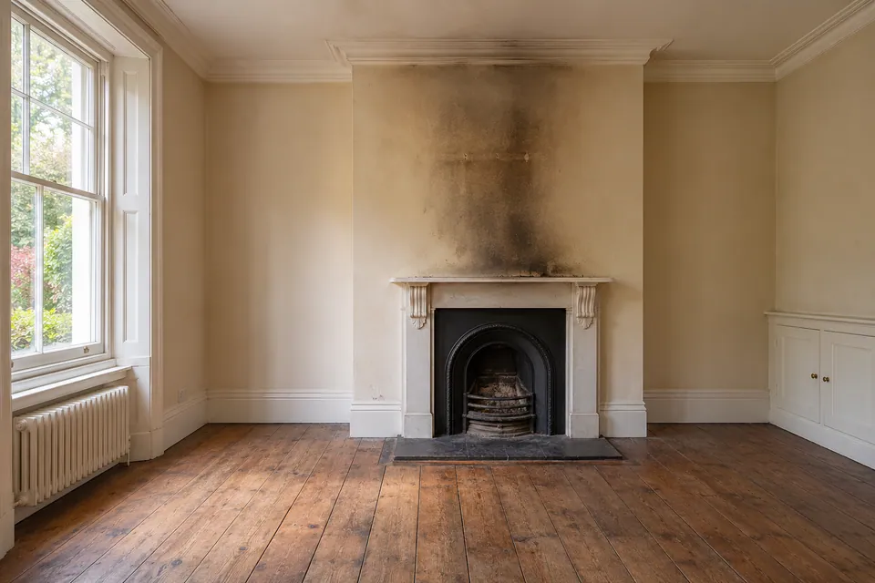 vacant room with old smoke staining by mantel