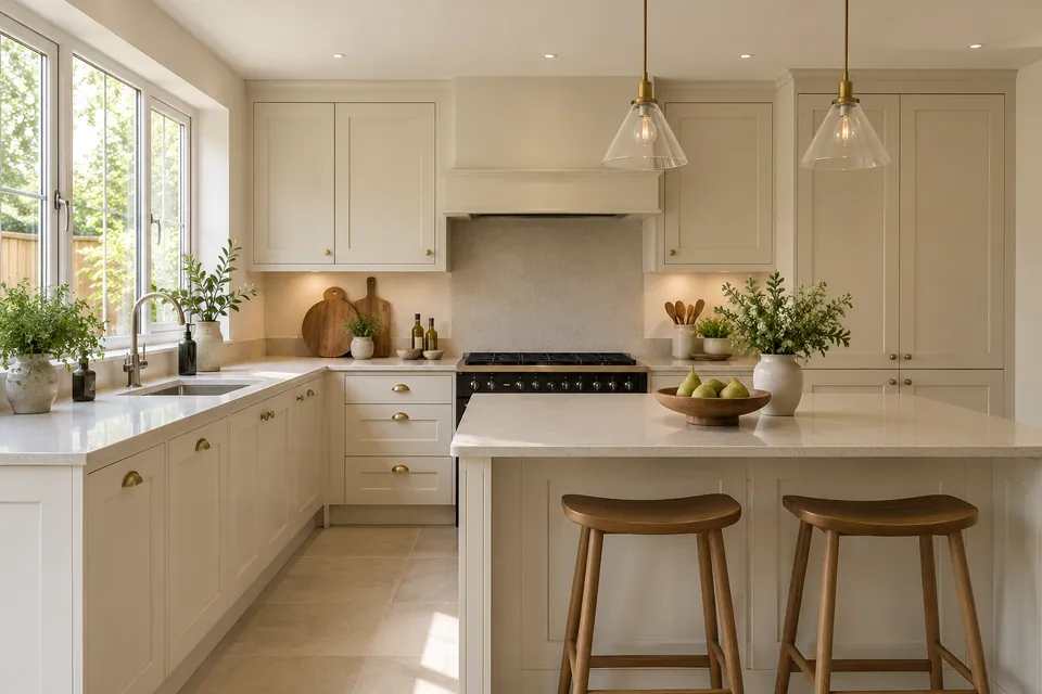finished kitchen with warm white units