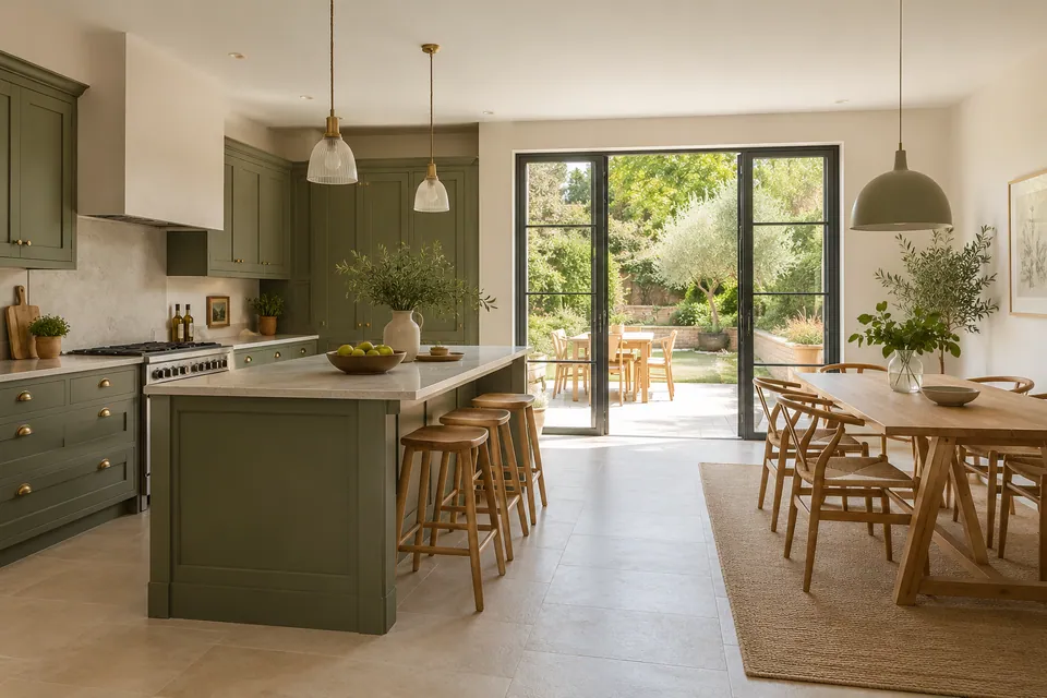 terrace dining kitchen with olive cabinetry