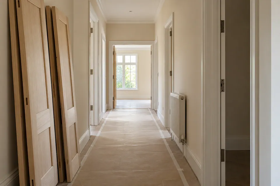 protected narrow hallway and uninstalled doors