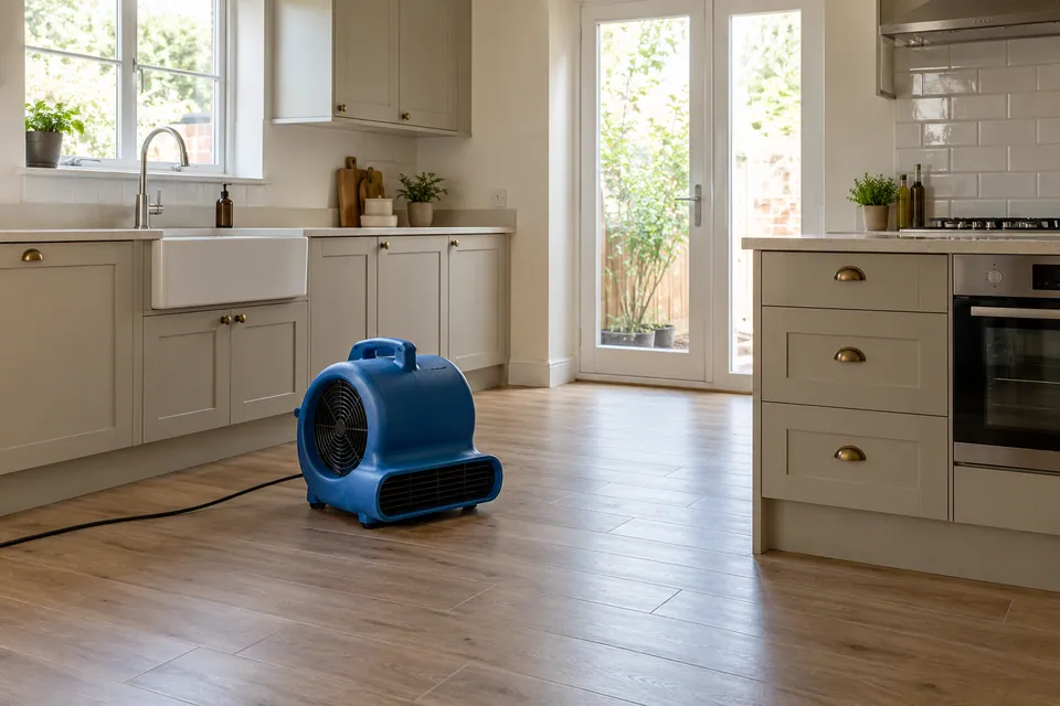 air mover safely placed in vacant kitchen
