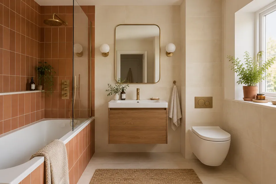 finished bathroom with cream and terracotta tiles