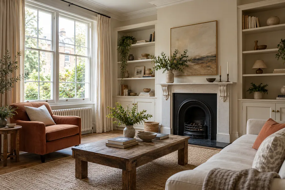 period sitting room with terracotta chair and cream shelves
