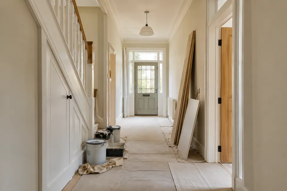 covered passage with interior renovation materials