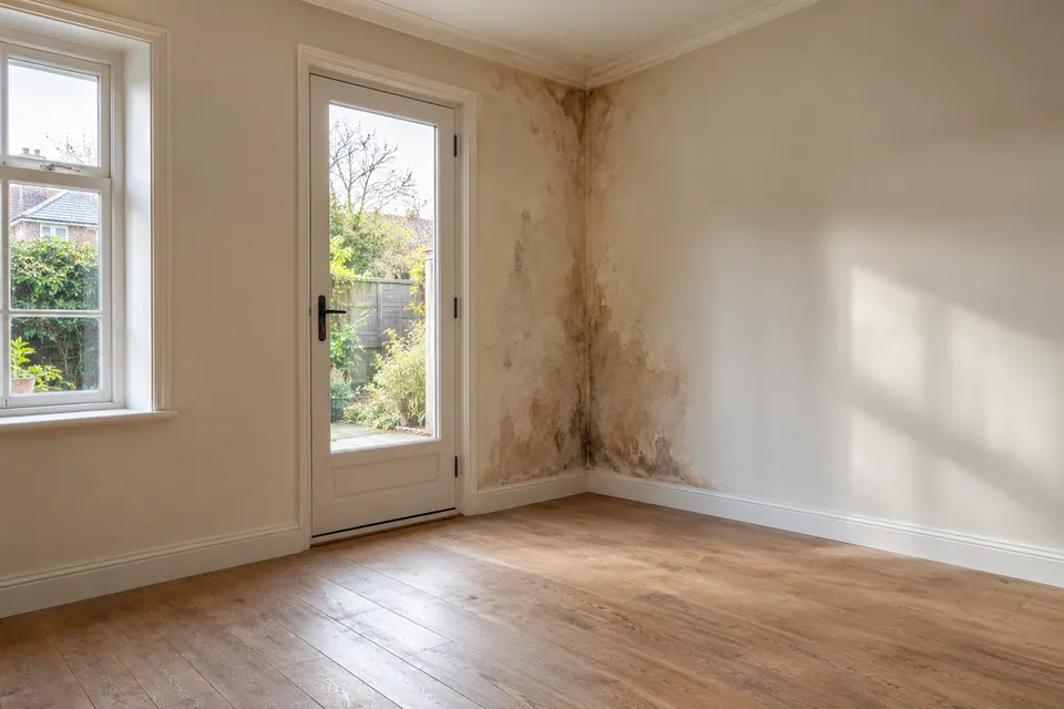 empty room with damp stain near rear door