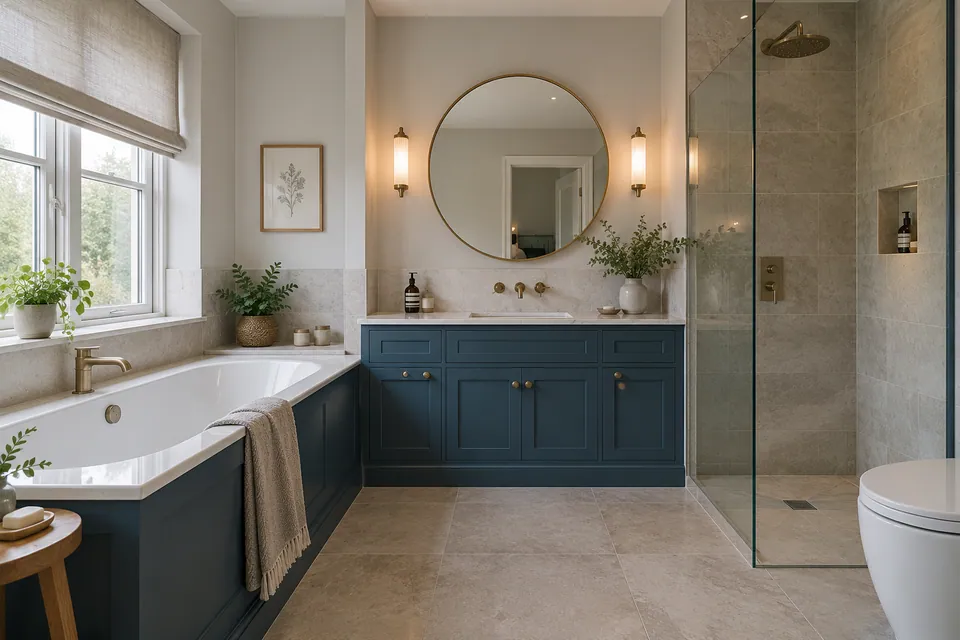 finished family bathroom with blue cabinetry
