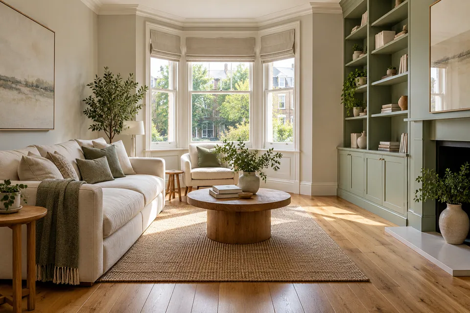 terrace living room with sage shelving and honey timber floor