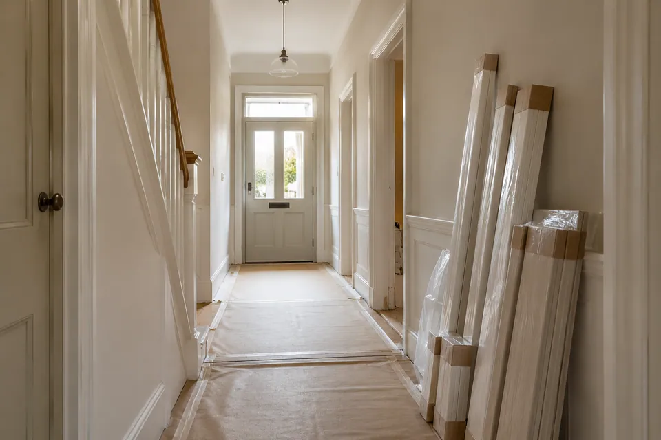 covered narrow hall and packaged trim