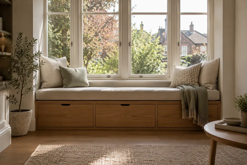 built-in window bench with oak drawers