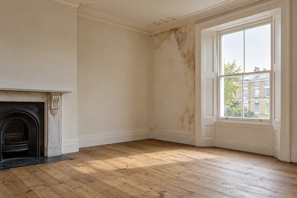 vacant room with moisture stains beside sash