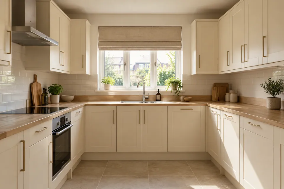 finished small kitchen with cream fronts