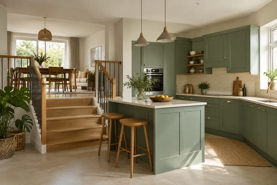 split-level maisonette with muted green kitchen