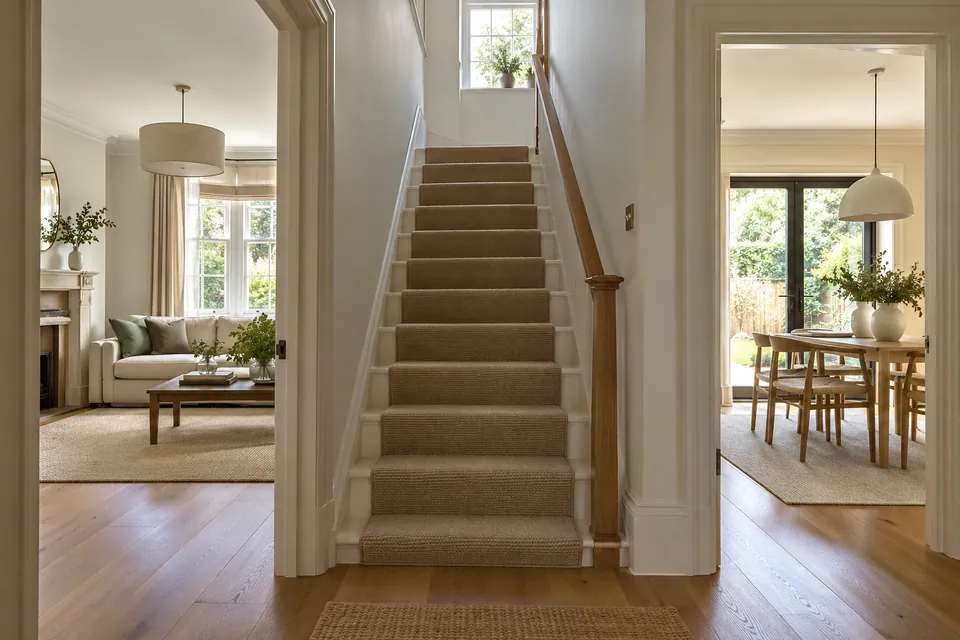Timber staircase beside a dining room