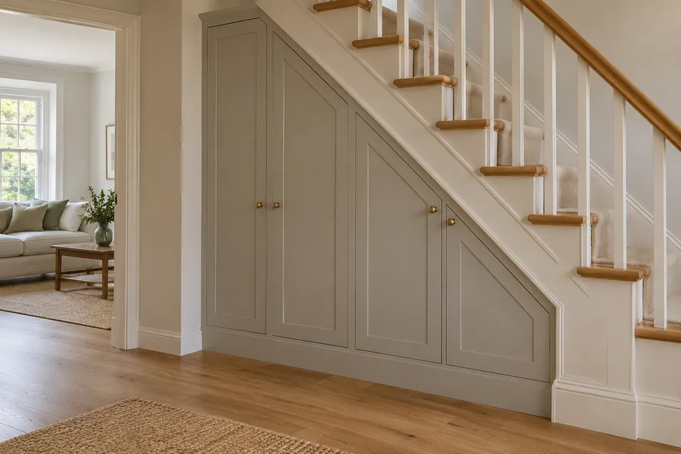 fitted cupboard below a sloping staircase