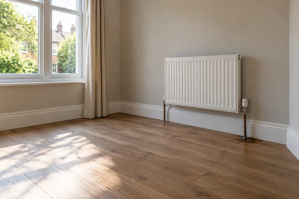 Empty room with radiator and timber floor