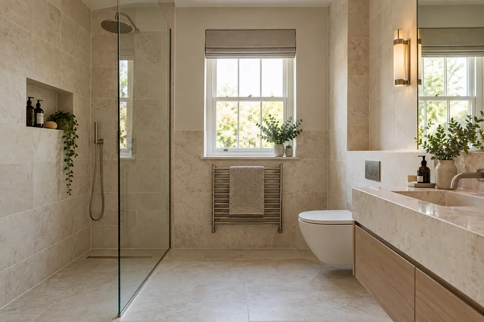 completed shower room with limestone tiles