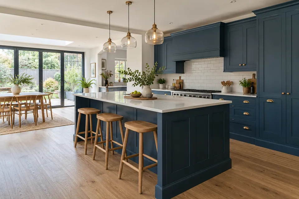 modern family kitchen with blue cabinets and oak flooring