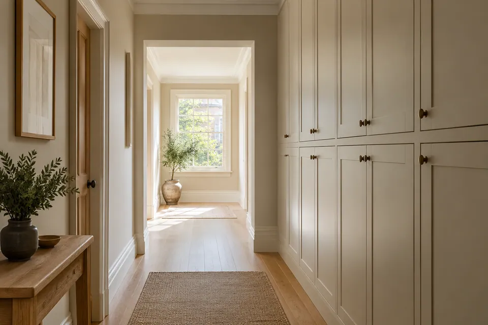 Hallway with fitted storage and an open doorway
