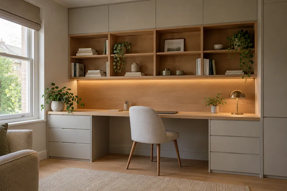 fitted study desk and overhead storage