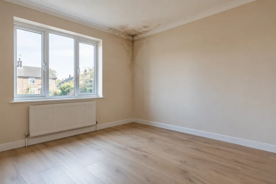 vacant apartment room with stained ceiling corner