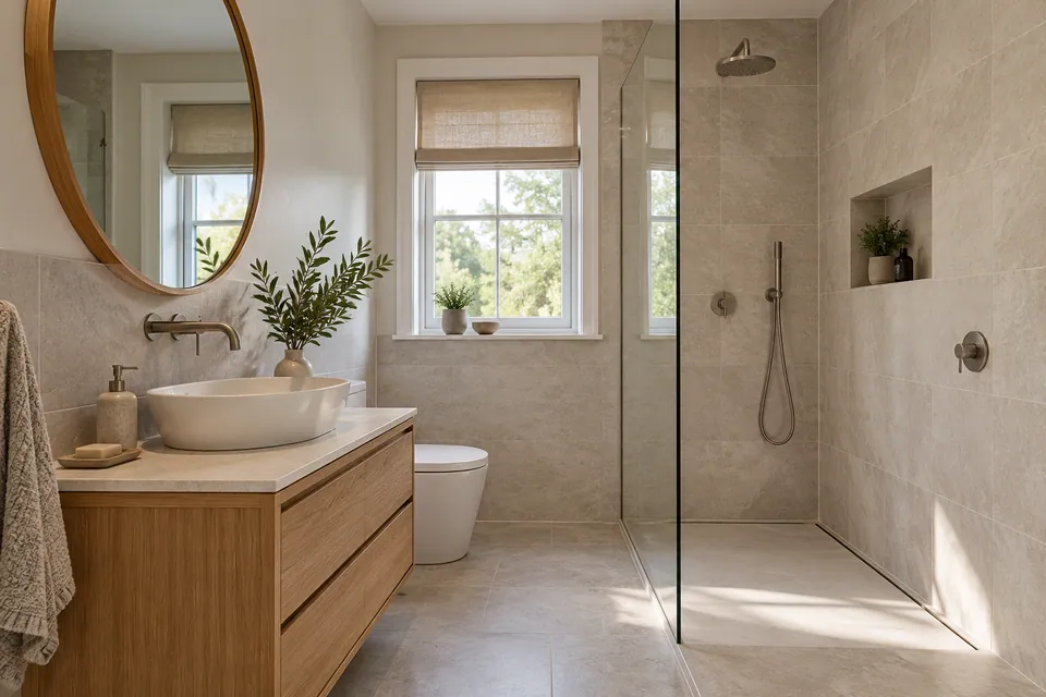 finished neutral shower room with wooden vanity