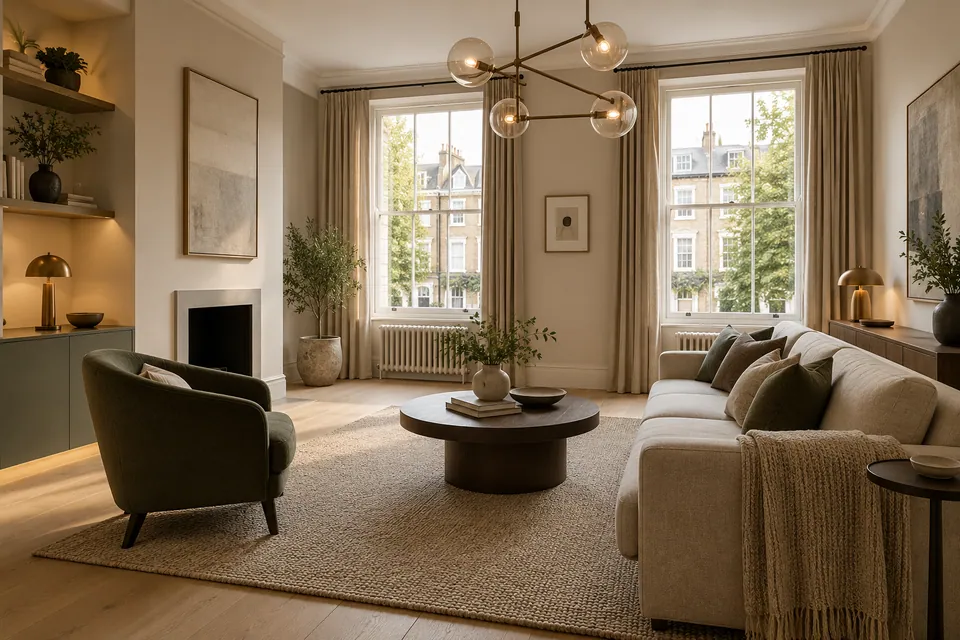 apartment sitting room with bronze lighting and pale oak floor