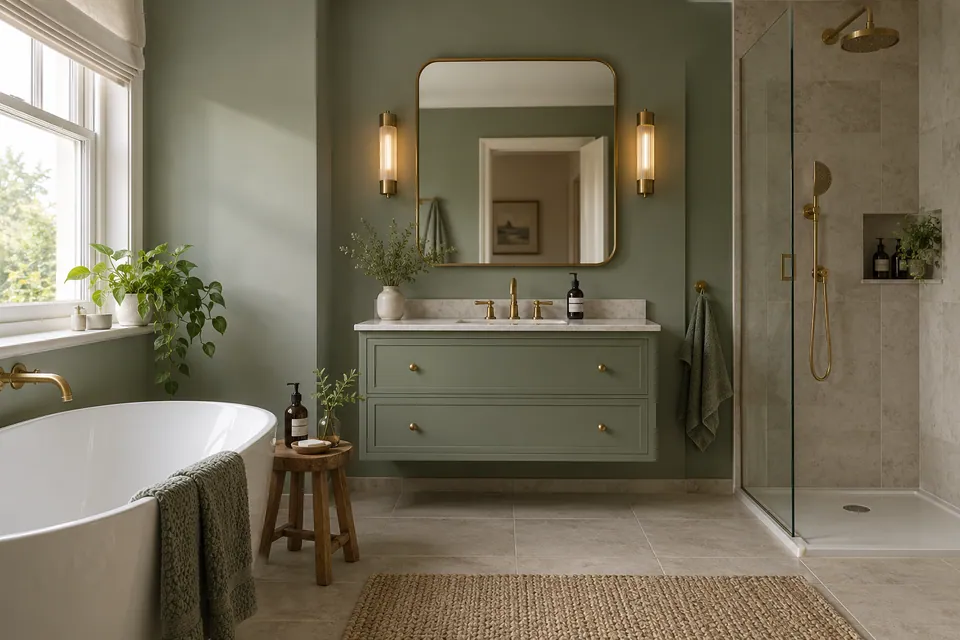 finished muted green bathroom