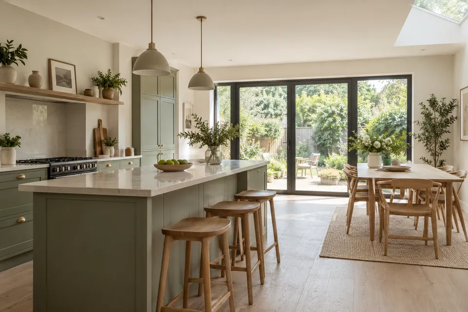 Family kitchen and dining space with pale oak finishes