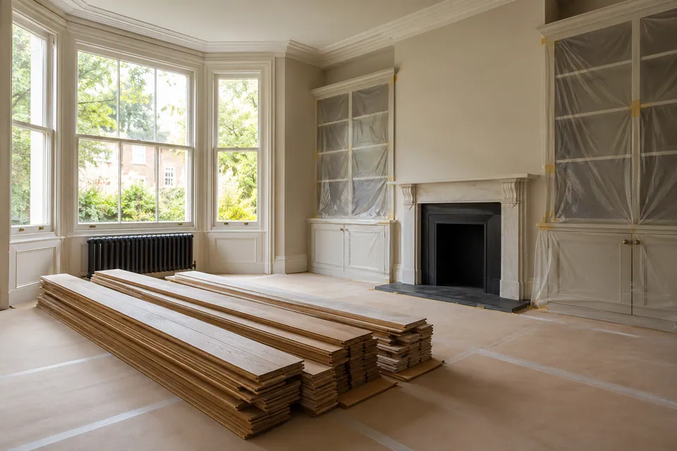 Protected cupboards and neatly stacked flooring boards