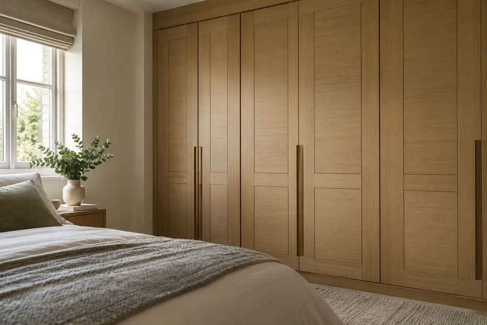 Fitted oak wardrobe with aligned panel doors