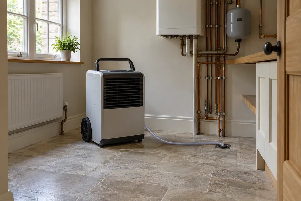 Portable dehumidifier positioned in a vacant utility room