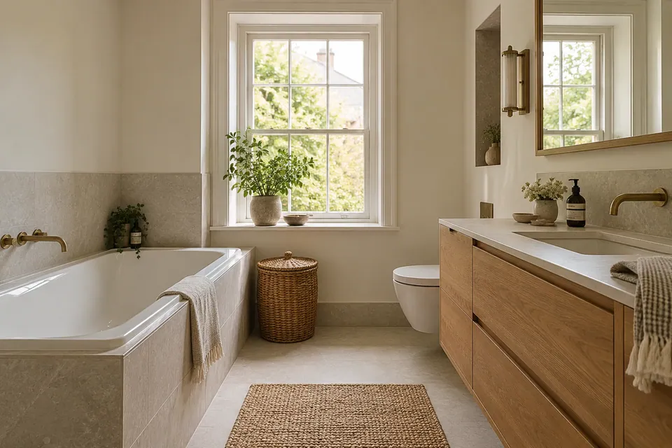 Finished bathroom with bath and oak vanity