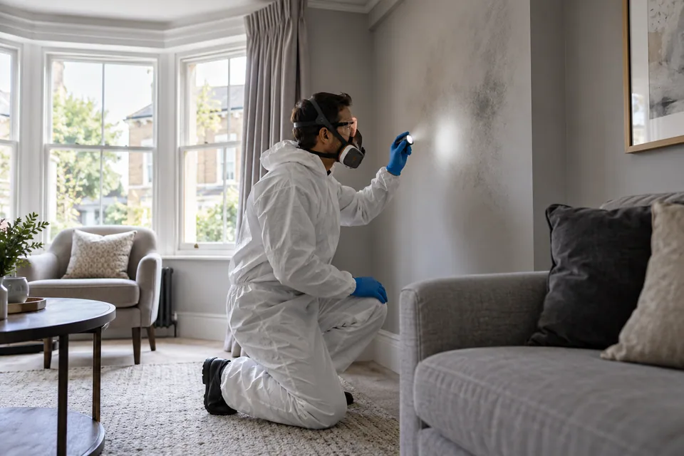 Protective-workwear specialist inspecting smoke-affected finishes