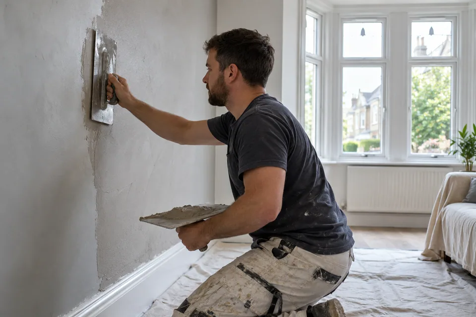 Plaster applied with a trowel to an accepted dry background