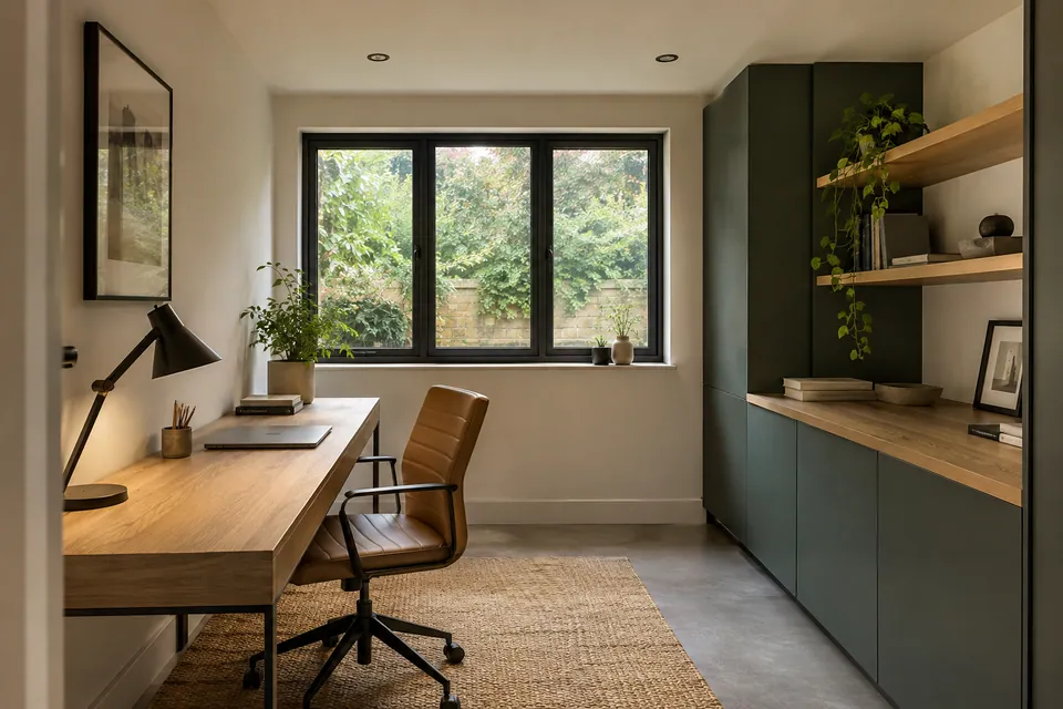 Illustration of a finished existing garage room with fitted storage