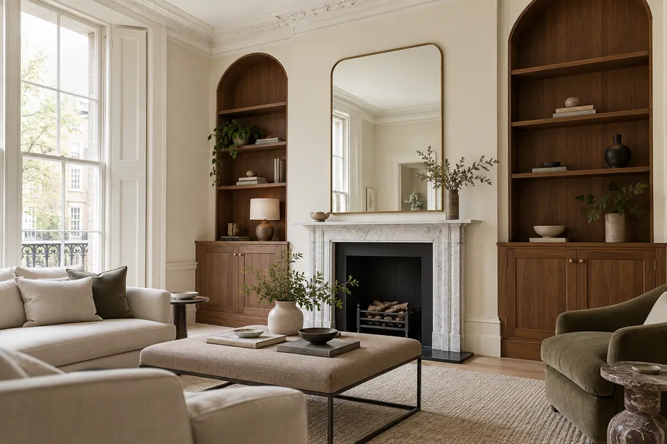Refurbished London living room with warm natural finishes