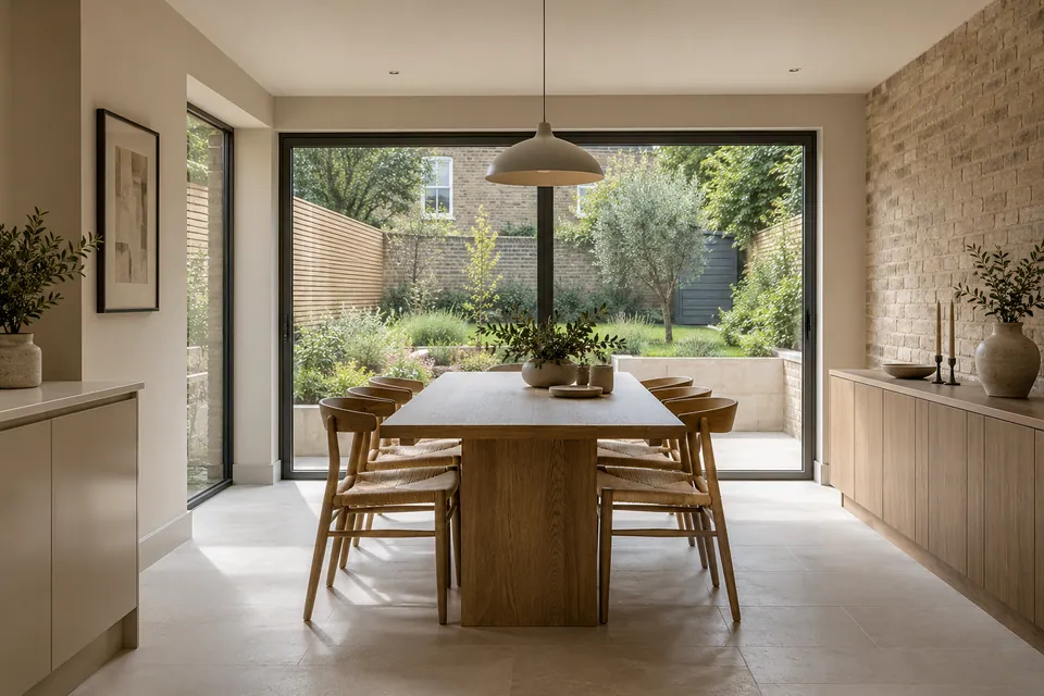 Illustration of a finished extension dining room beside a garden